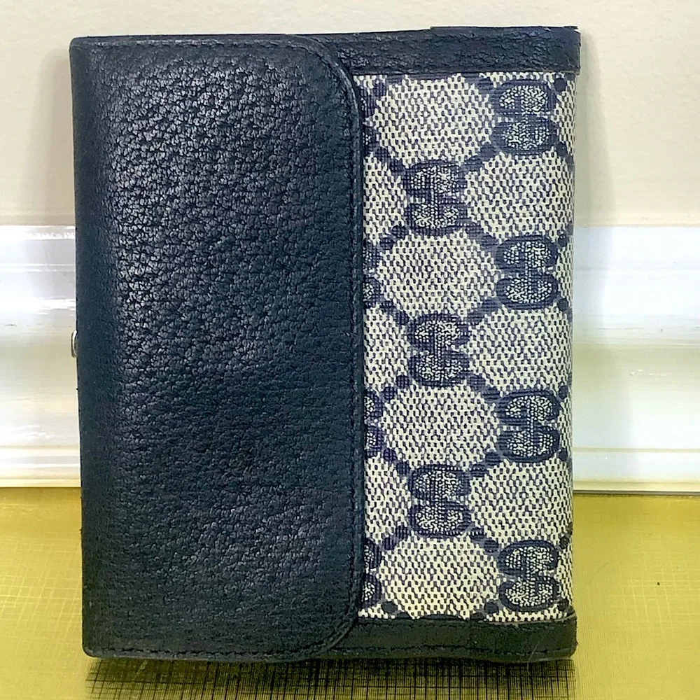 GUCCI GG Web Monogram Navy Blue Leather Coated Canvas Compact Bifold Wallet